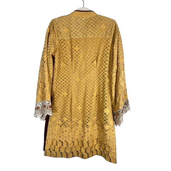 Handmade Floral Kurti Tunic M Yellow Mesh Asian Kameez Ornate Beaded Lace Artsy - Picture 9 of 12